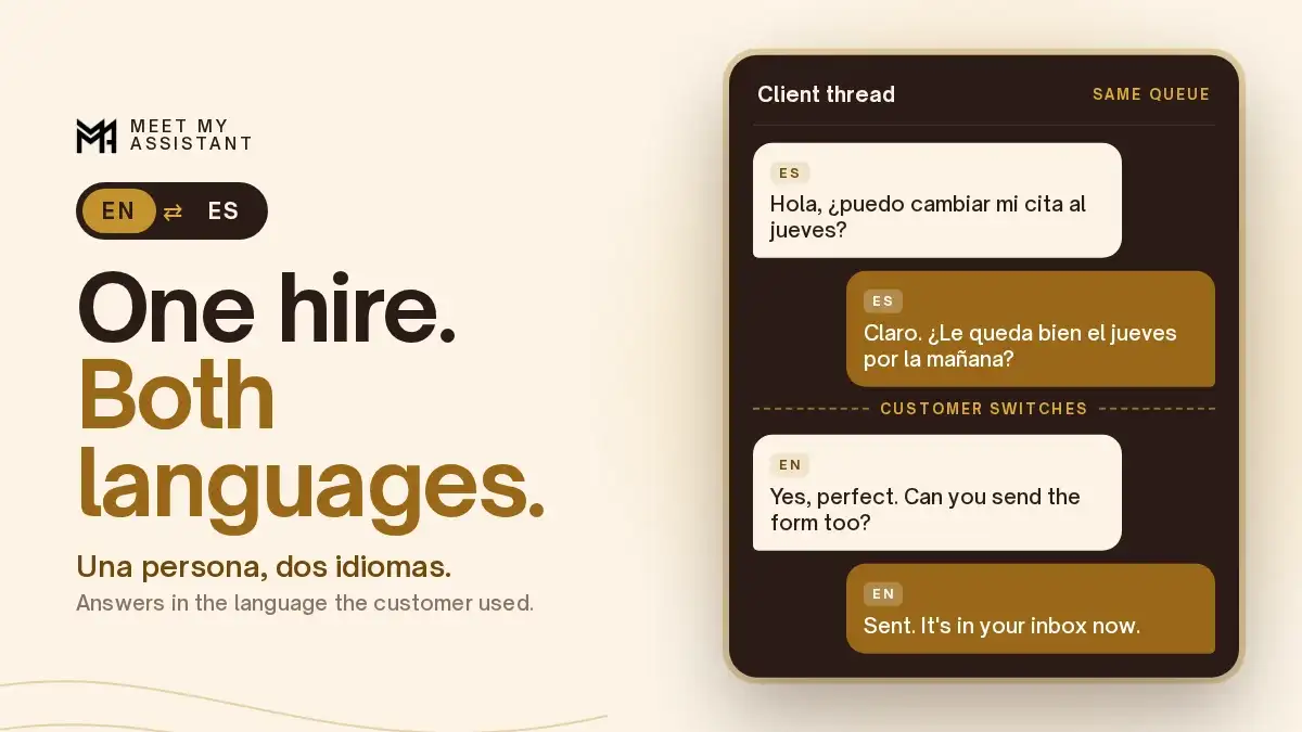Meet My Assistant graphic reading "One hire. Both languages." and "Una persona, dos idiomas." beside a client thread where a customer writes in Spanish, gets a Spanish reply, then switches to English and gets an English reply.