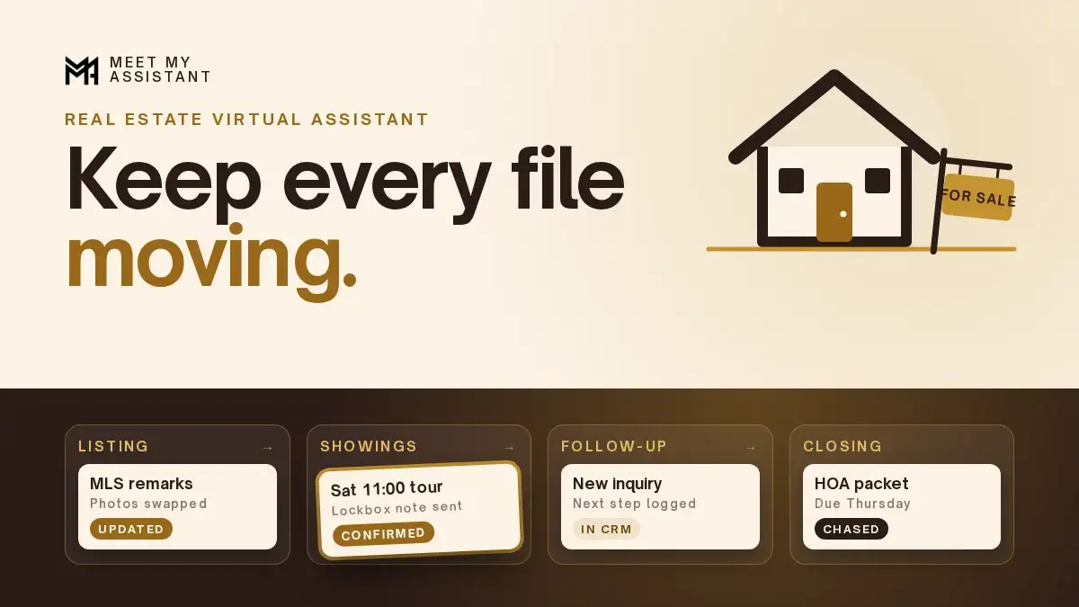 Cream and dark brown banner with the Meet My Assistant logo and the headline "Keep every file moving." beside a house with a For Sale sign, above a four-column deal board: Listing (MLS remarks, photos swapped, Updated), Showings (a tilted gold-outlined card for a Saturday 11:00 tour, lockbox note sent, Confirmed), Follow-up (new inquiry, next step logged, In CRM) and Closing (HOA packet due Thursday, Chased).