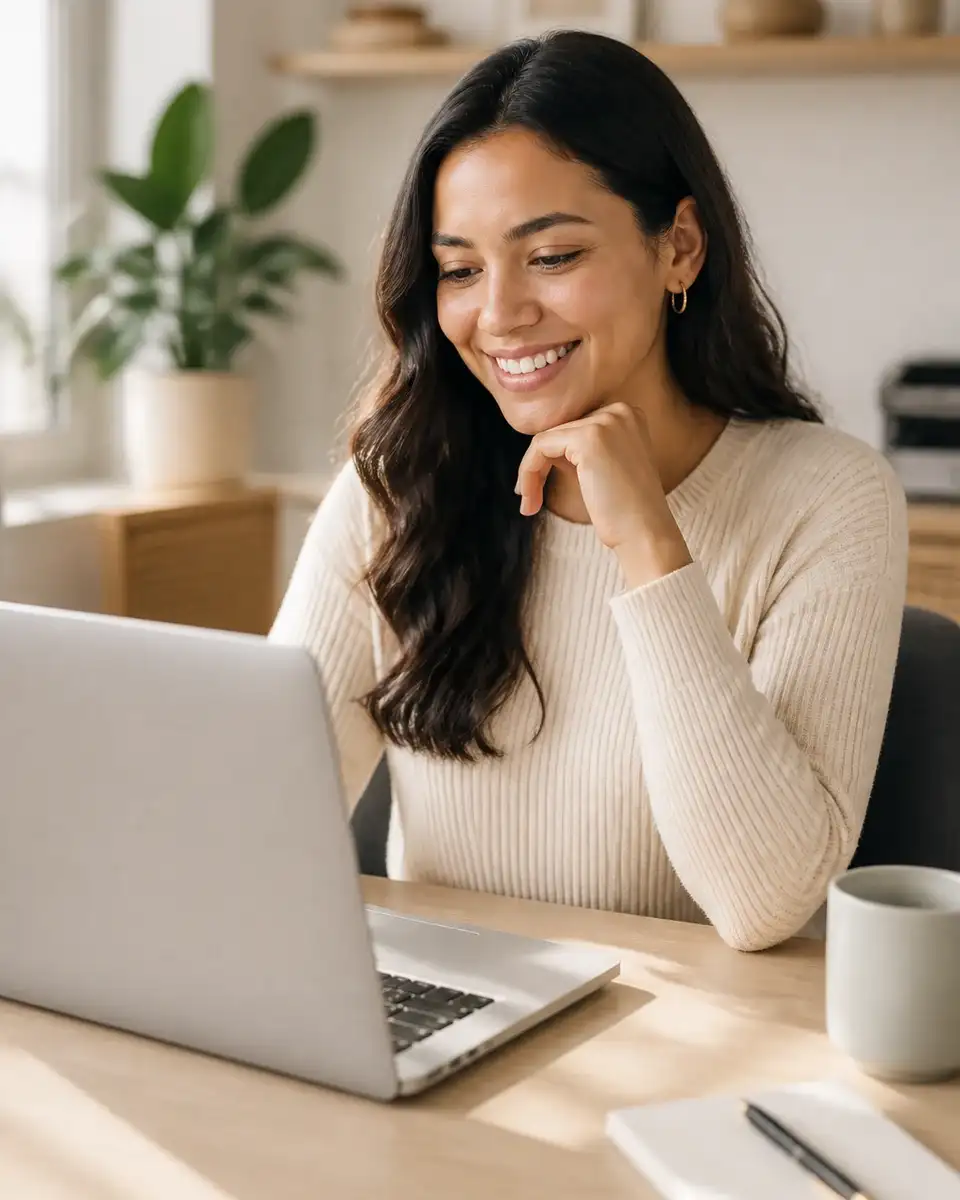 Bilingual virtual assistant smiling while working on a laptop in a bright home office
