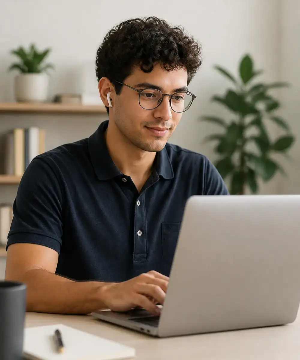 Focused virtual assistant with glasses working on a laptop
